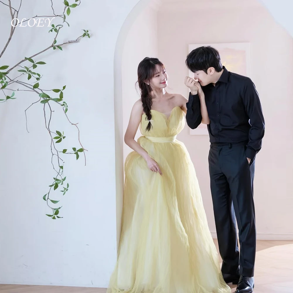 

OLOEY Yellow Korean Evening Dresses Strapless Soft Tulle Prom Dresses Customized Wedding Snap Dresses Party Dresses