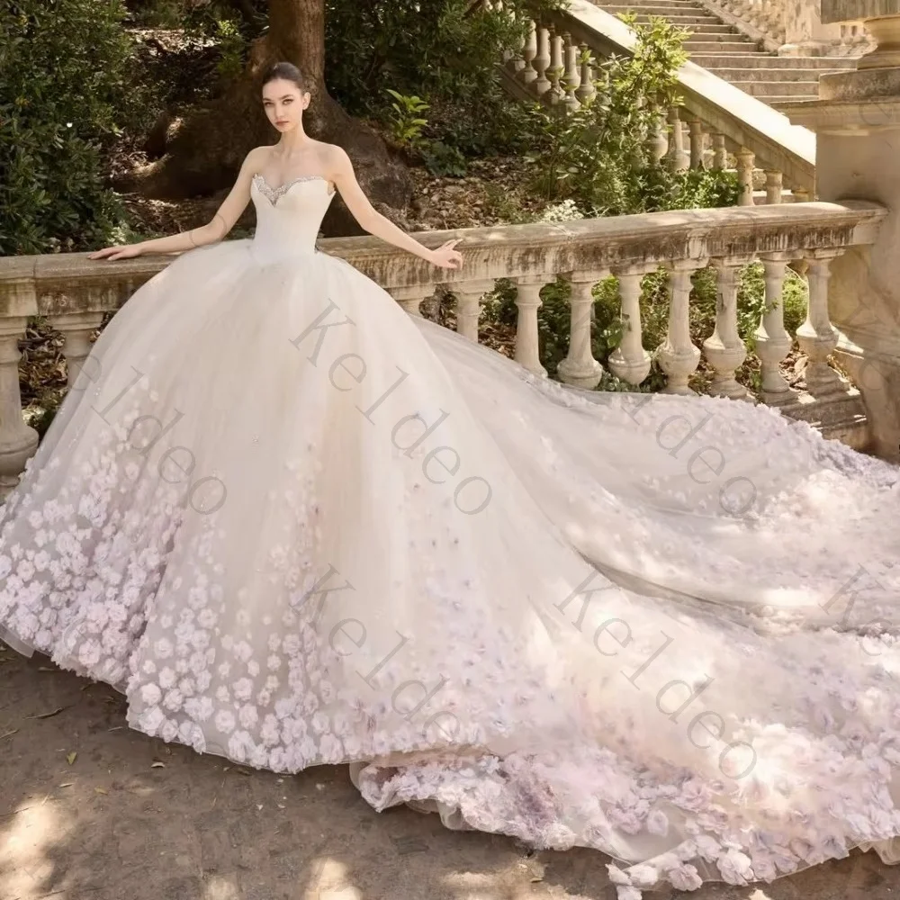 Customized Elegant Strapless A-line Sleeveless Wedding Dresses 3D Flower Beaded Tulle Draped Open Back Floor-Length Bridal Gowns