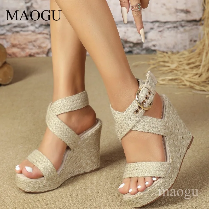 Sandalias de cuña tejidas beige con hebilla, plataforma, estilo bohemio, alpargatas de verano, cómodas y antideslizantes para mujer