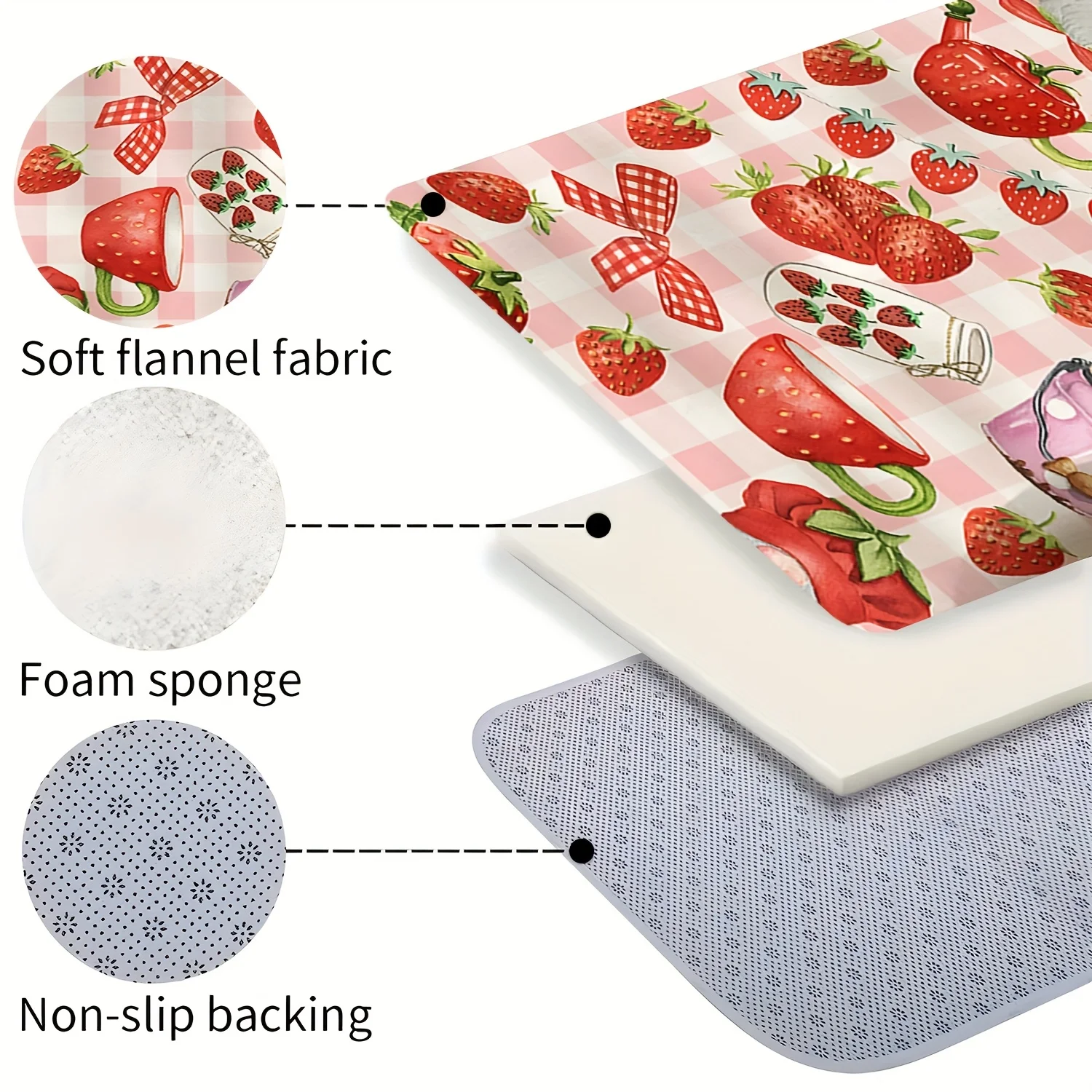 Cute Pink Check Strawberry Bow Cup Runner Rug, Non-Slip Rug for Kitchen, Entryway, Bathroom & Sweet Living Room Home Decoration