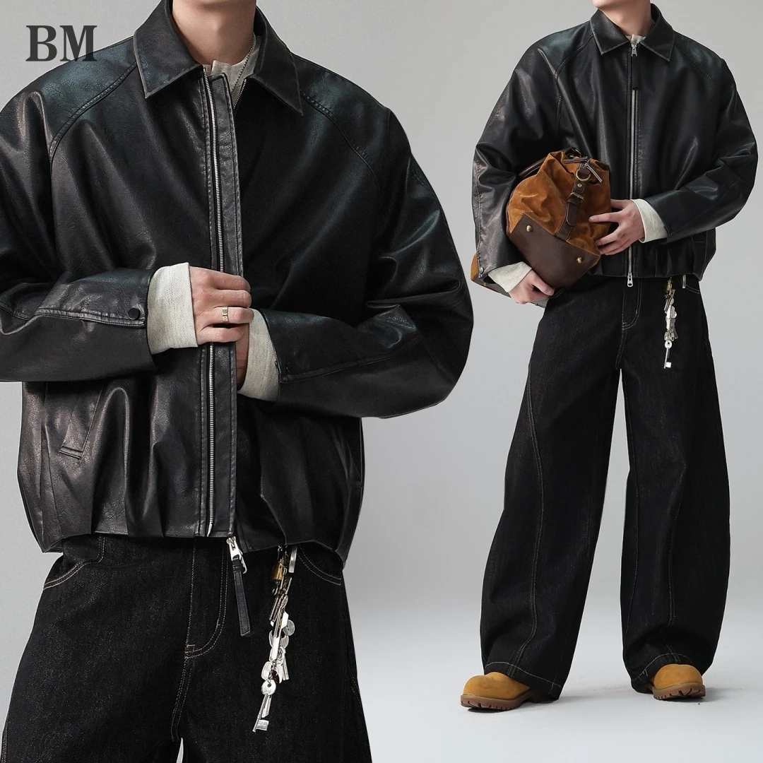 

Mens Vintage Biker Motorcycle Jacket Black Faux Leather Coat Oversized Lapel Collar Spring Fall Casual Streetwear 2026 Trend