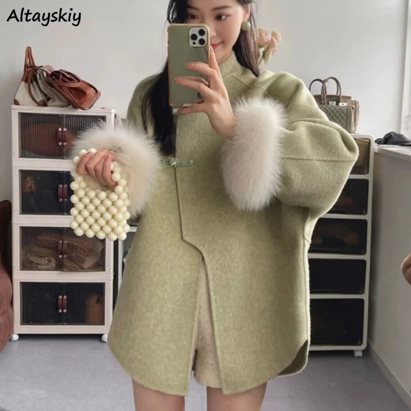 

Women Blends Autumn Winter Irregular Patchwork Daily Loose Stand Collar Casual Wool Coats Streetwear Temper Ladies Slouchy New