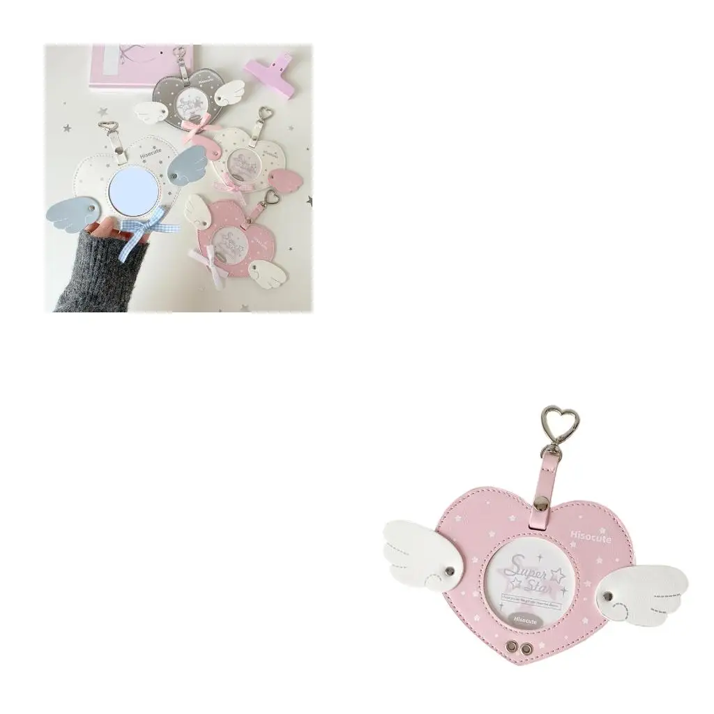 Angel Wing Heart Card Case PU Photo Card Protective Cover with Metal Clip