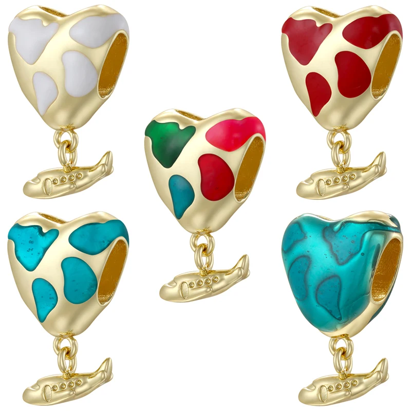 ZHUKOU Enamel Heart-Shaped Hot-Air Balloon Aeroplane Pendant Bead Playful Jewellery Making Accessories:VD2193