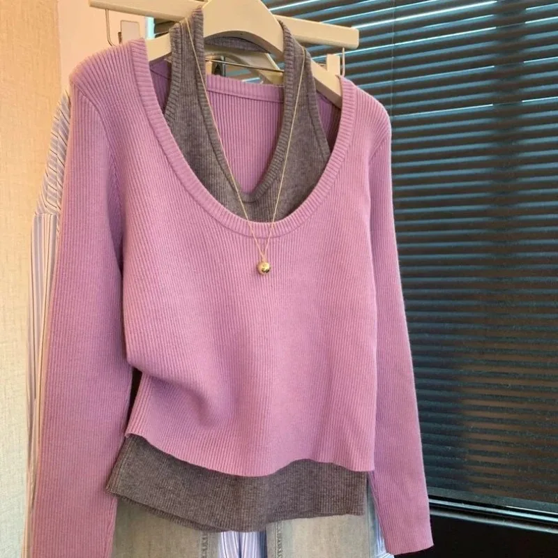 

Поддельные женские свитера из двух предметов контрастного цвета, осенне-зимние пуловеры, корейские модные винтажные женские пуловеры