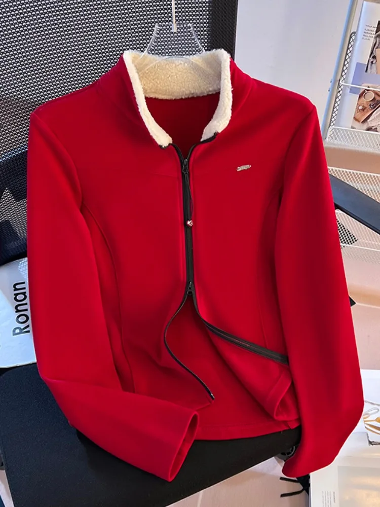 양털 스플라이스 스탠드 칼라 롱 스웨터 여성용 베이스 티셔츠 지퍼 클로저 슬림 핏 한국 스타일 겨울 신상품