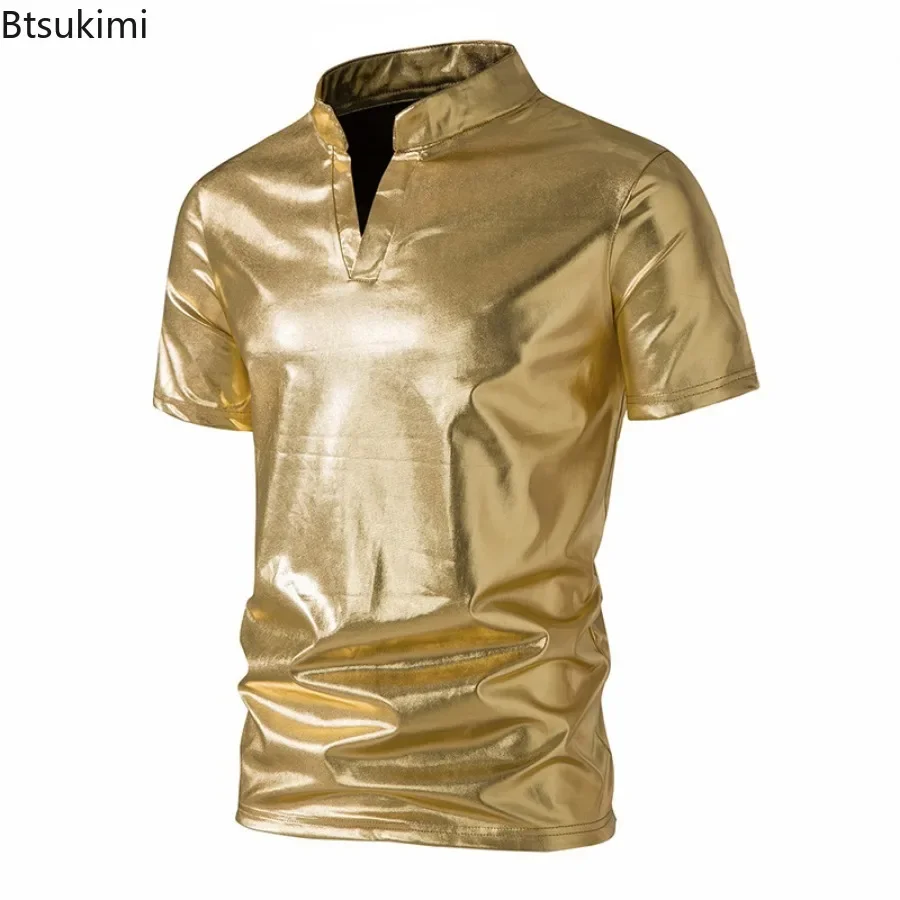 2026 Men\'s Hipster Glossy Short Sleeve T-shirt Trend Henry Collar 70s Disco Nightclub Party Tees New Men Hip Hop Tops Streetwear