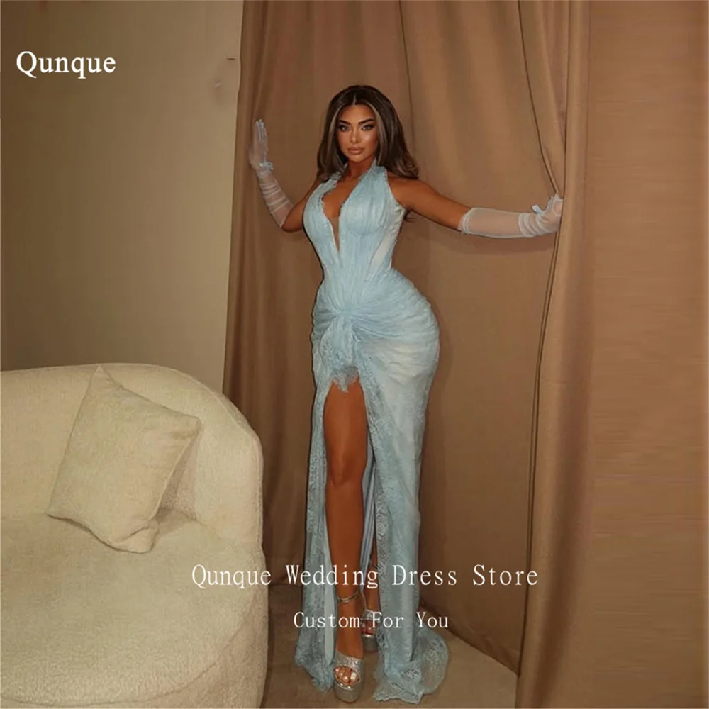 

Qunque Sky Blue Lace Elegant Evening Gowns Halter Sleeveless High Slit Vestidos De Fiesta Floor Length Prom Dresses Customized