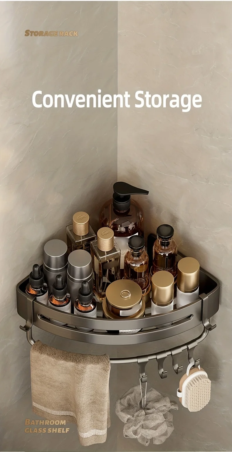 1 Stück nicht bohrendes Aluminium-Badezimmer-Aufbewahrungsregal – an der Wand montiertes Eckregal zur Aufbewahrung von Badezimmer-Shampoo-Duschgel-Kosmetik – Detail 6