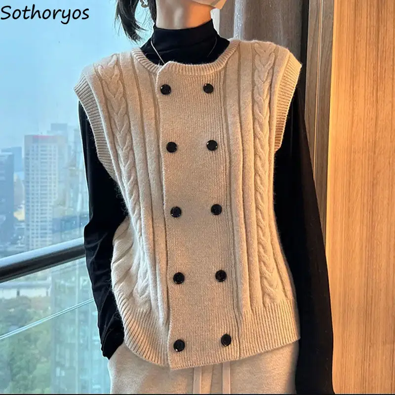 4 Colors Sweater Vests Women Double Breasted Fashion Autumn Thick Clothes Sleeveless All-match Female Graceful Ulzzang Design