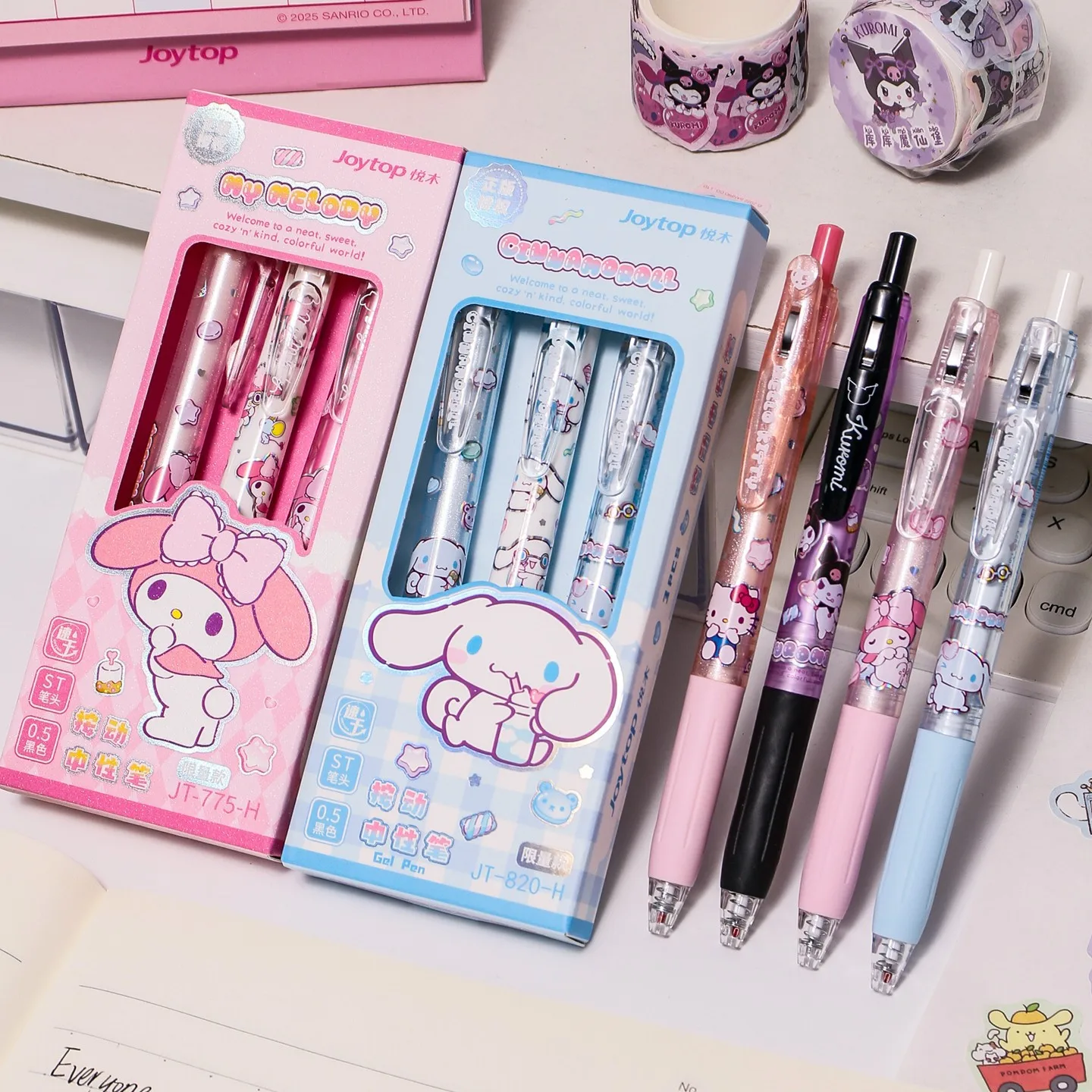 

(3 шт./лот) Гелевые ручки Kawaii Sanrio: милые Hello Kitty, Cinnamoroll, Kuromi, черные ручки для школы, студенческие канцелярские принадлежности, подарки