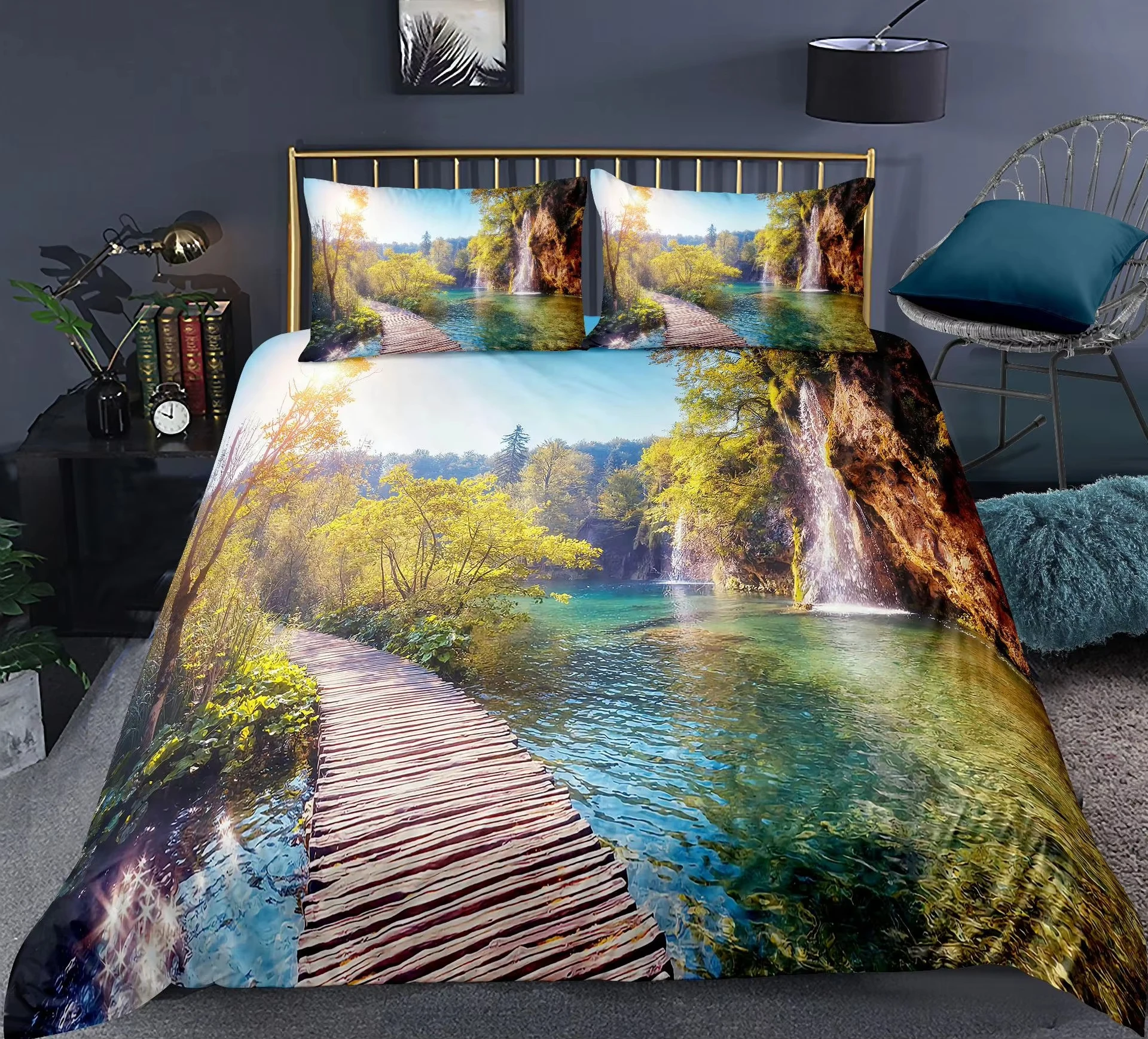 Waterfall Flowing Water Duvet Cover Twin Queen Size Natural Scenery Bedding Set Forest Tree Mountain Landscape Comforter Cover