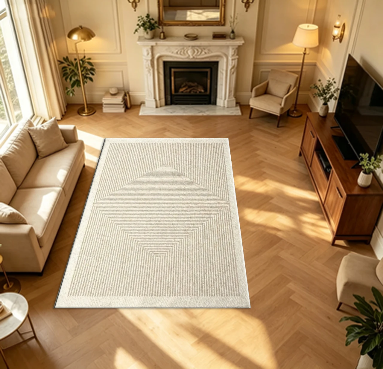 Cream Beige Double Symmetric Concentric Rectangle Carpet Flooring Minimalist Linear Large Area Rug for Household Decor