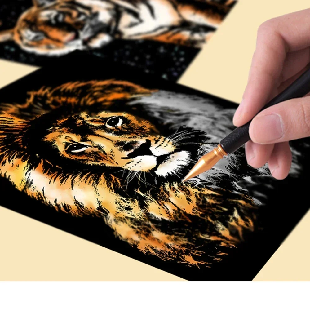 DIY Scratch Handmade Painting 4pcs/set Animal Painting Originality Room Decor Aesthetic Tiger Lion Poster A4 Cardboard Drawing