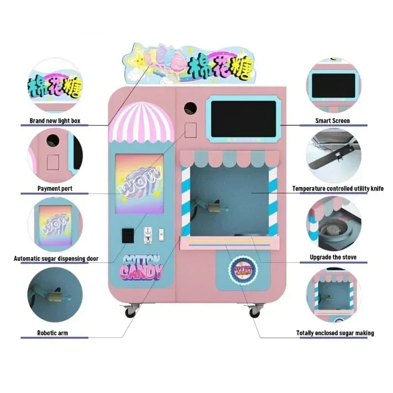 2025 Customizes Touch Screen Fully Automatic Candy Floss Vending Machine Support QR Pay Electric Cotton Candy Making Machine
