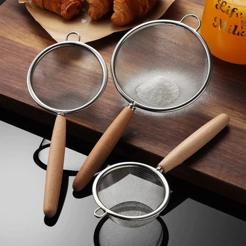 304 Stainless Steel Mesh Filter Spoon with Wooden Handle Flour Filter Spoon Household Kitchen Fried Food Filter Oil