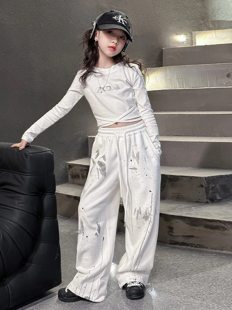 Ragazze Hip Hop Streetwear Crop Top Splash Ink pantaloni larghi bambino lettera t-shirt vestiti set adolescenti Cool Street Dance Jazz Costume