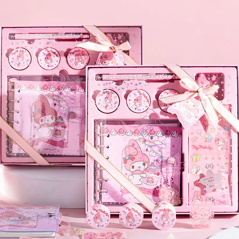 Sanrio Kawaii My Melody Notebook Girly Pink Checkered Sweet Notebook Gift Box Kuromi Stationery Set Cinnamoroll School Supplies