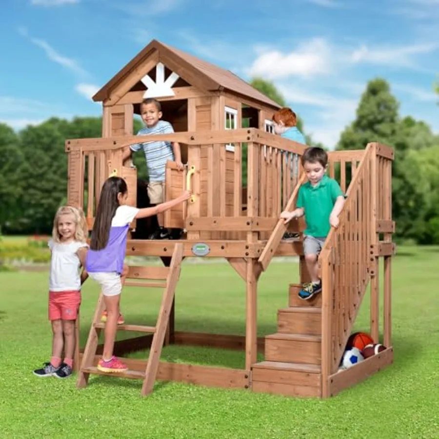 Outdoor Kids Playhouse: Cedar Wood, Natural Color, Elevated Scenic Design With Play Kitchen, Wrap-Around Deck, Storage Bench, S