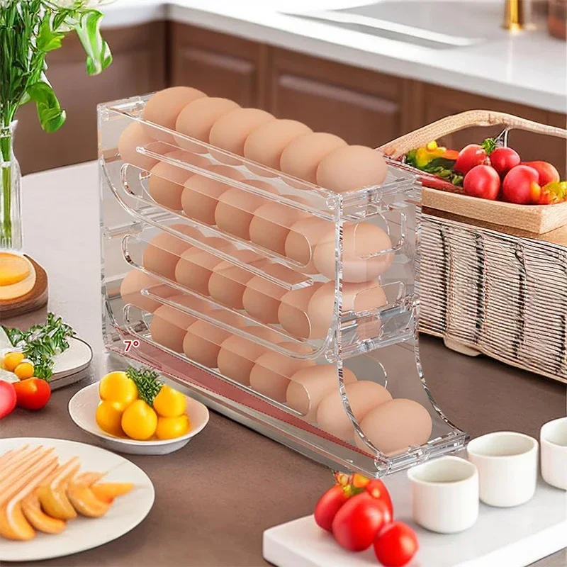 

4 Tier Egg Storage Box Automatic Slide Egg Tray Organizer Holder Refrigerator Side Door Storage For Food Storage Container