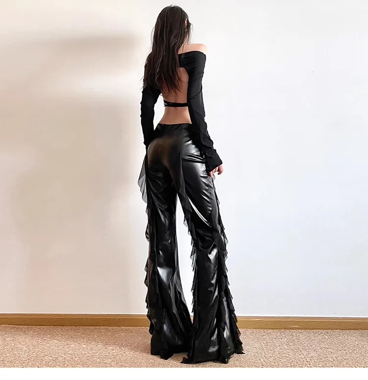 Fashion Women\'s Leather Pants Instagram High Street Design Wide Leg  Design Black Leather Pants New Design High Waist Versatile