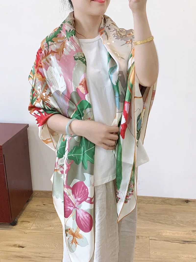 High-end Elegant Female Exquisite Fashion National Style Print Quality 18MM Plain Satin Silk Hand-rolled Edge Large Scarf Shawl