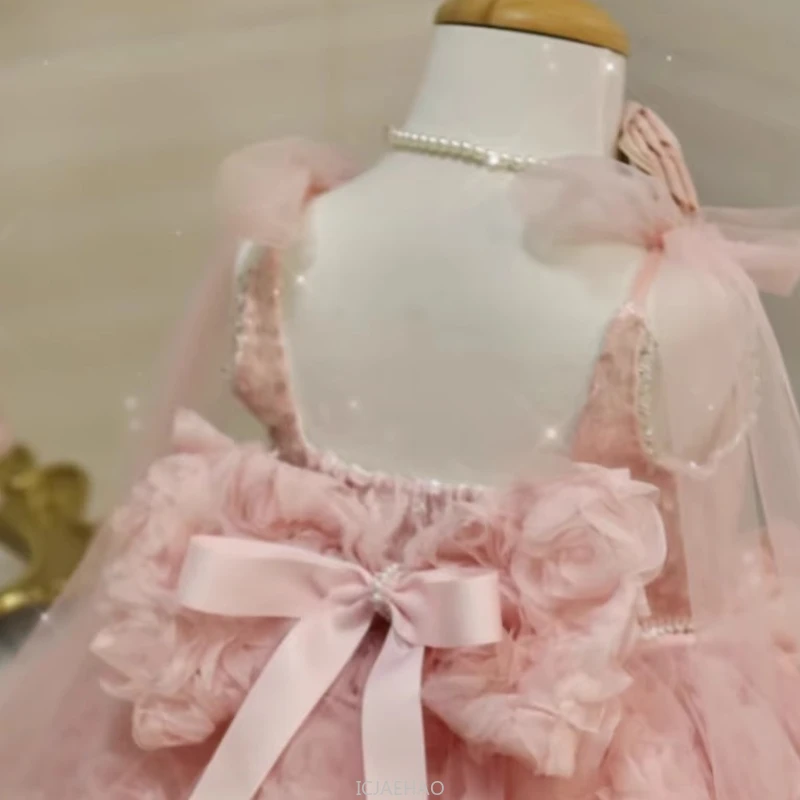 Wed Dress 2025 Pink Kids GirlsCostumes Luxury Princess Children Party Outfits Host Dresses Birthday Flower Girl Train Gown