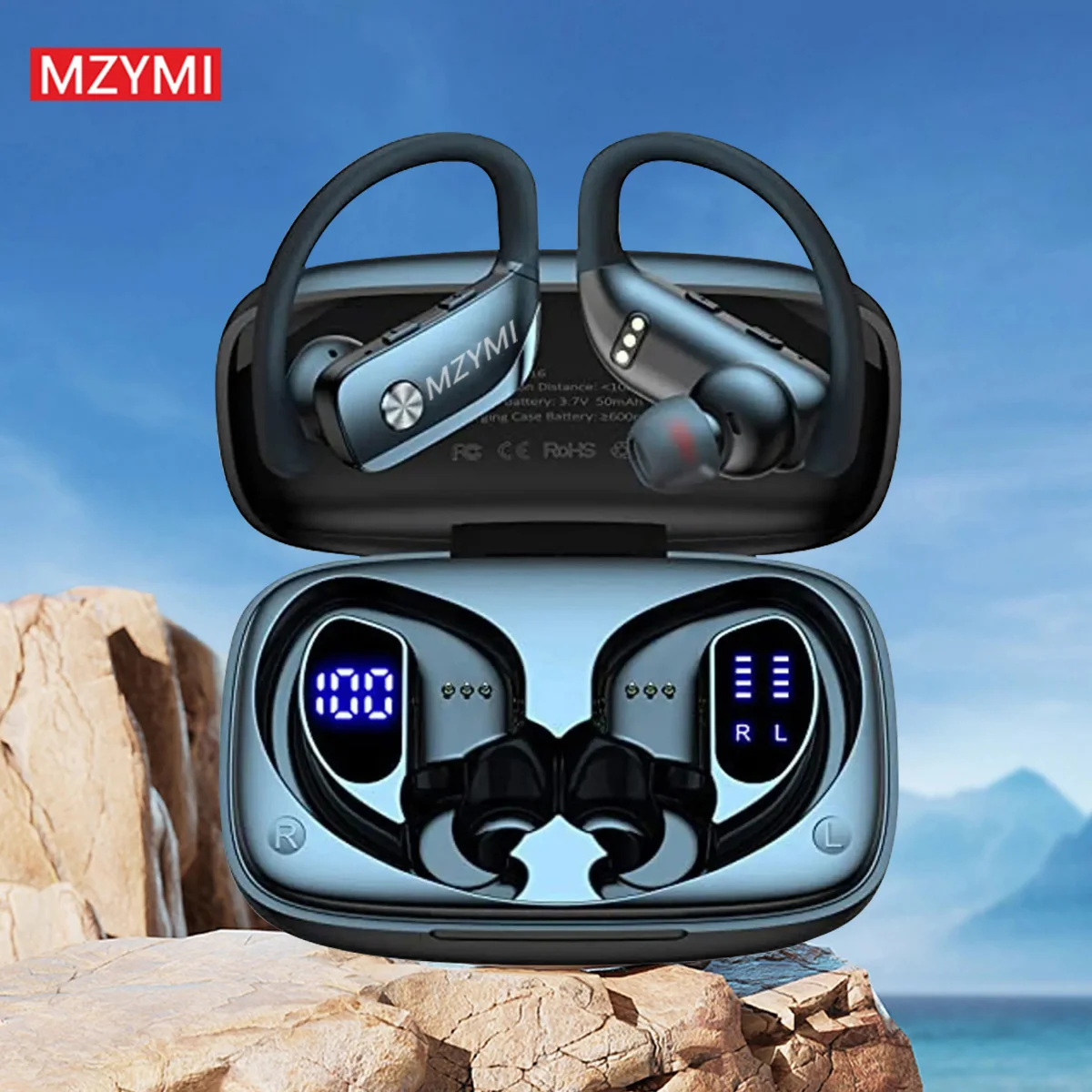 MZYMI T16 Ear Hooks Wireless Bluetooth Earphones HiFI Stereo Sound Noise Reduction Headphones Sport LED Display Headset