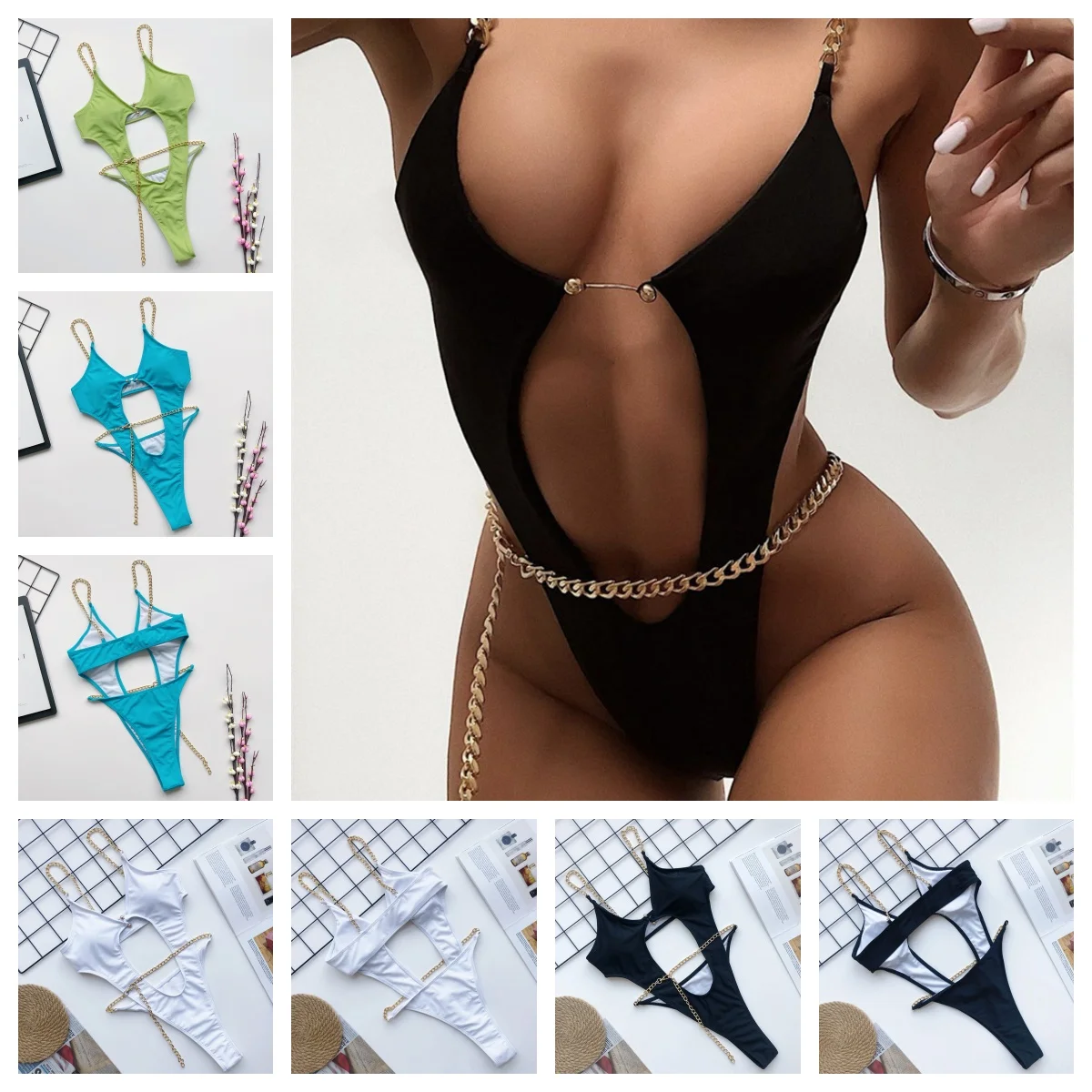 High Quality Women's Swimwear New Chain Bikini Sexy Cutout Backless One-Piece Padded Bikini Push Up Bikini Backless Swimsuit