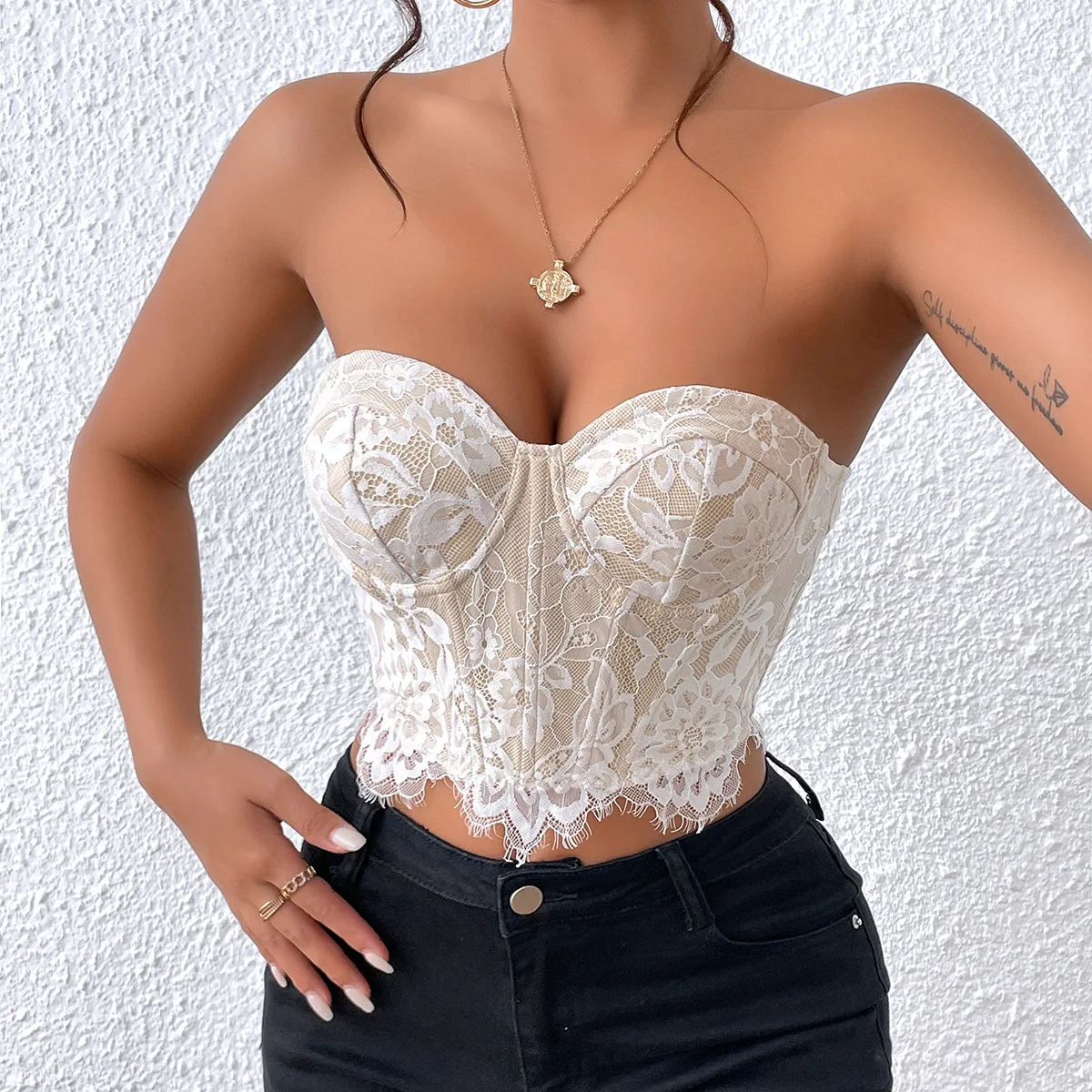 2025  See-through Vest Crop Tank Tops Black White Underwire Fishbone Chest Lace Floral Corset Push Up Embroidery Camis Breasted
