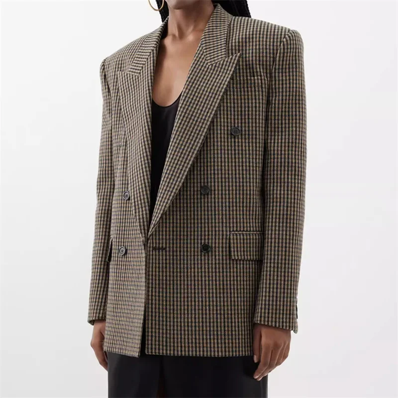 Blazer da donna 2024 autunno nuovo in giacche doppiopetto slim fit giacca da donna in misto lana di alta qualità cappotto pied de poule