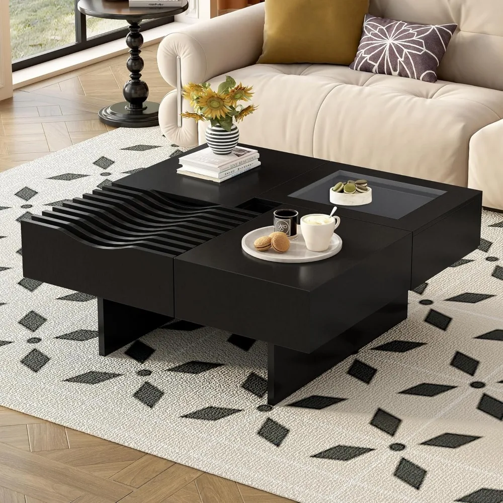 

Coffee Table, Century Extendable Coffee Table with 3 Drawers & Tempered Glass, Square Center Cocktail Table with Sliding Tablet