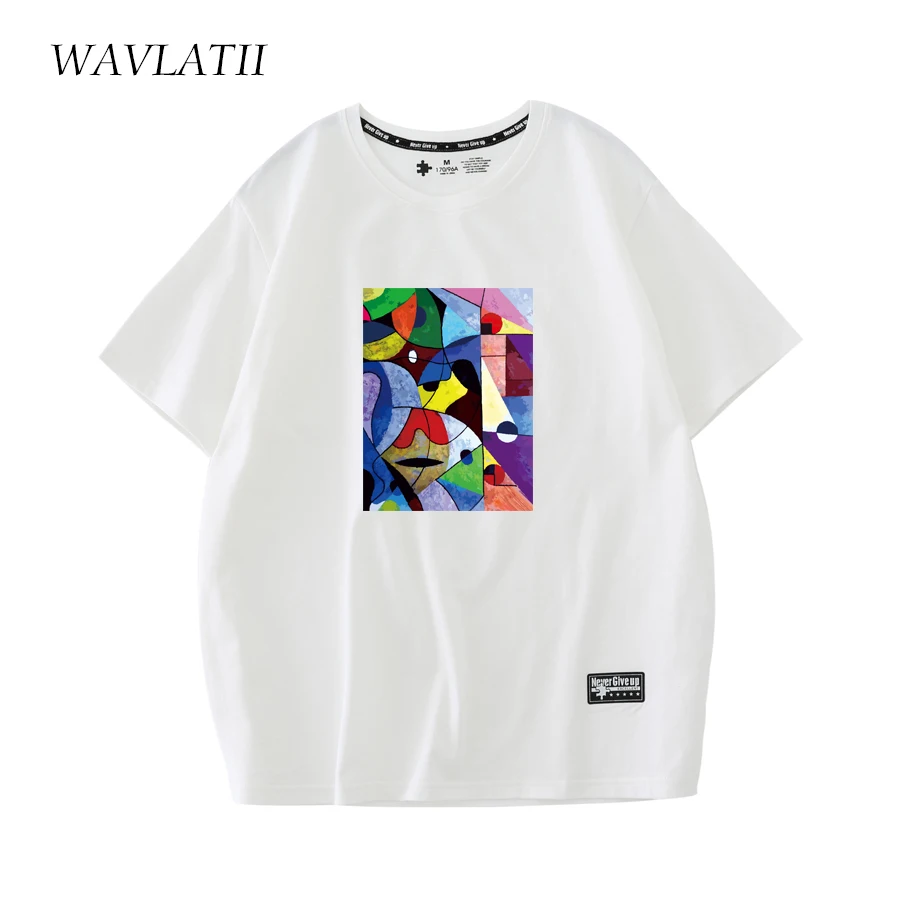 WAVLATII Abstract Print New Women Cotton T Shirts Female White Casual Short Sleeve Summer Green Tees Tops WT2217