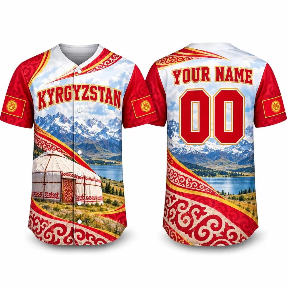 Mountain Yurt and Horse Jerseys Shirt Kyrgyzstan Baseball Jersey Custom Name Number Red Gold National Flag Prints Shirts