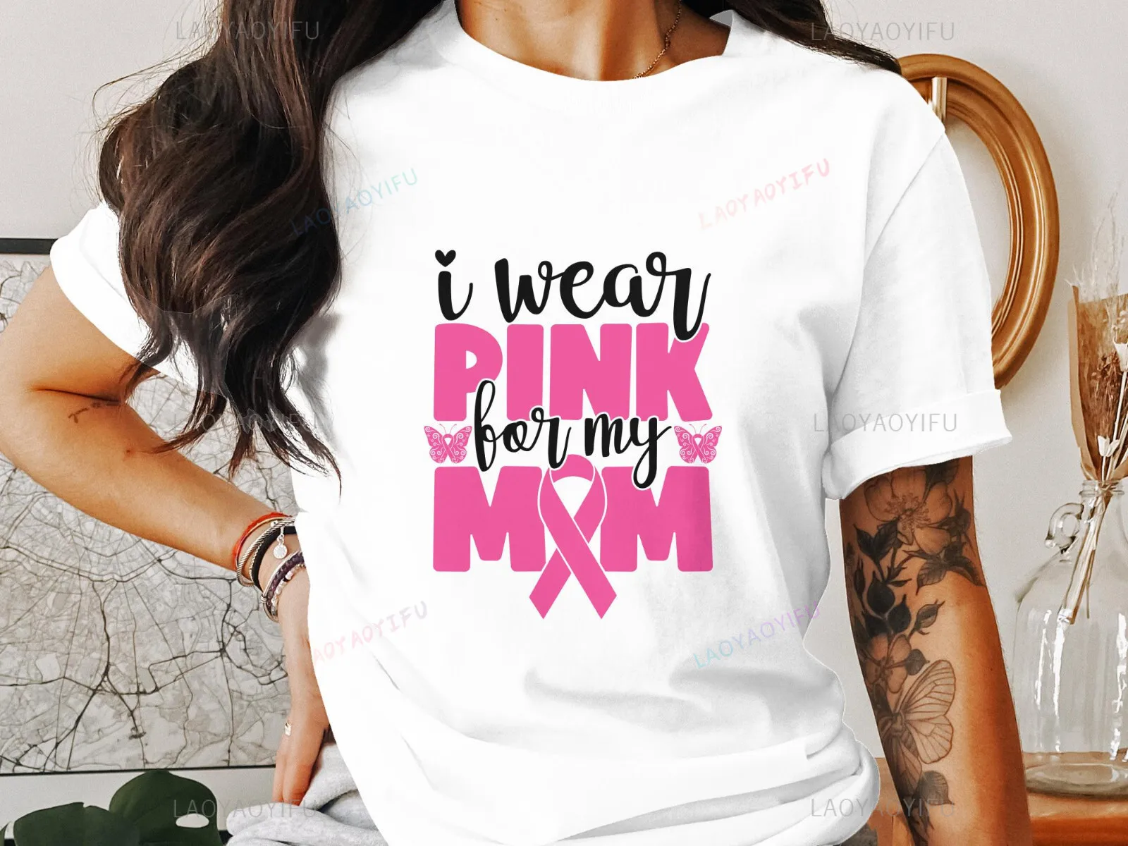 

Футболка I Wear Pink for My Mom, осведомленность о раке молочной железы, октябрьская розовая лента, летняя женская футболка с принтом, хлопковые топы с круглым вырезом, футболка