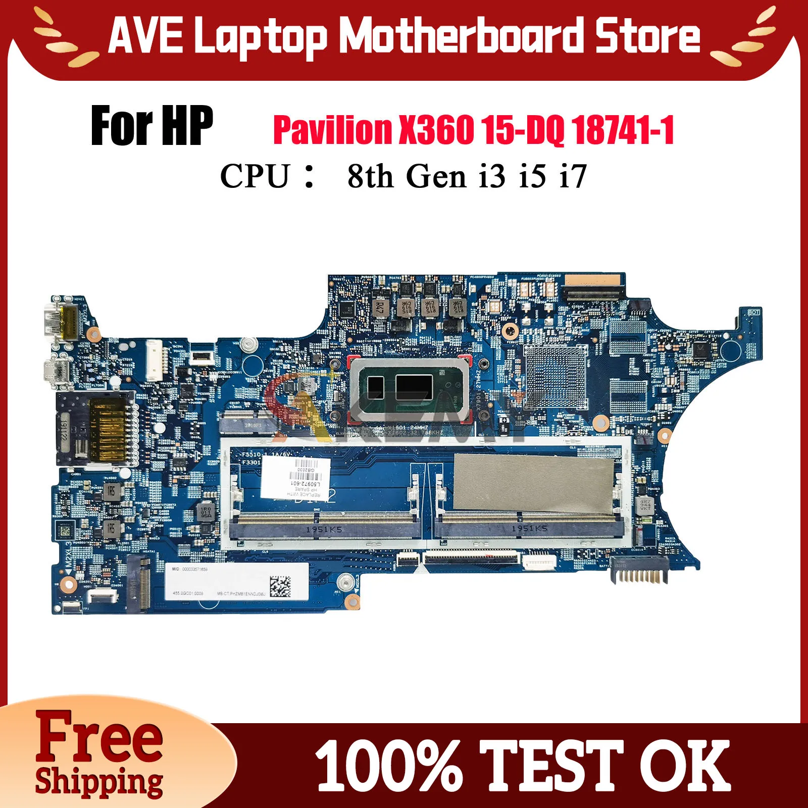 

18741-1 для ноутбука HP Pavilion X360 15-DQ 15T-DQ, материнская плата с процессором i3 i5 i7 8th UMA L50972-601 L50975-601, 100% полностью протестировано