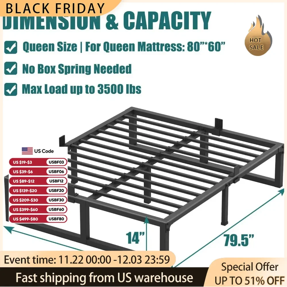 

3500lbs Heavy Duty Metal Platform,reinforced legs Steel Slats Support/No Box Spring Needed/Noise Free/Non-Slip/Easy Assembly