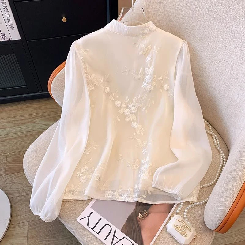 Spring Summer Chinese Style Vintage Embroidery Frog Elegant Fashion Shirt Lady Long Sleeve Stand Collar Tassel White Blouse Top