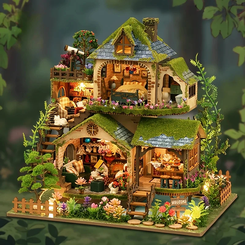 Mini Wooden Model Kit 3D Puzzle Forest Adventure Dollhouse with Furniture for Friends Christmas Gift Craft DIY