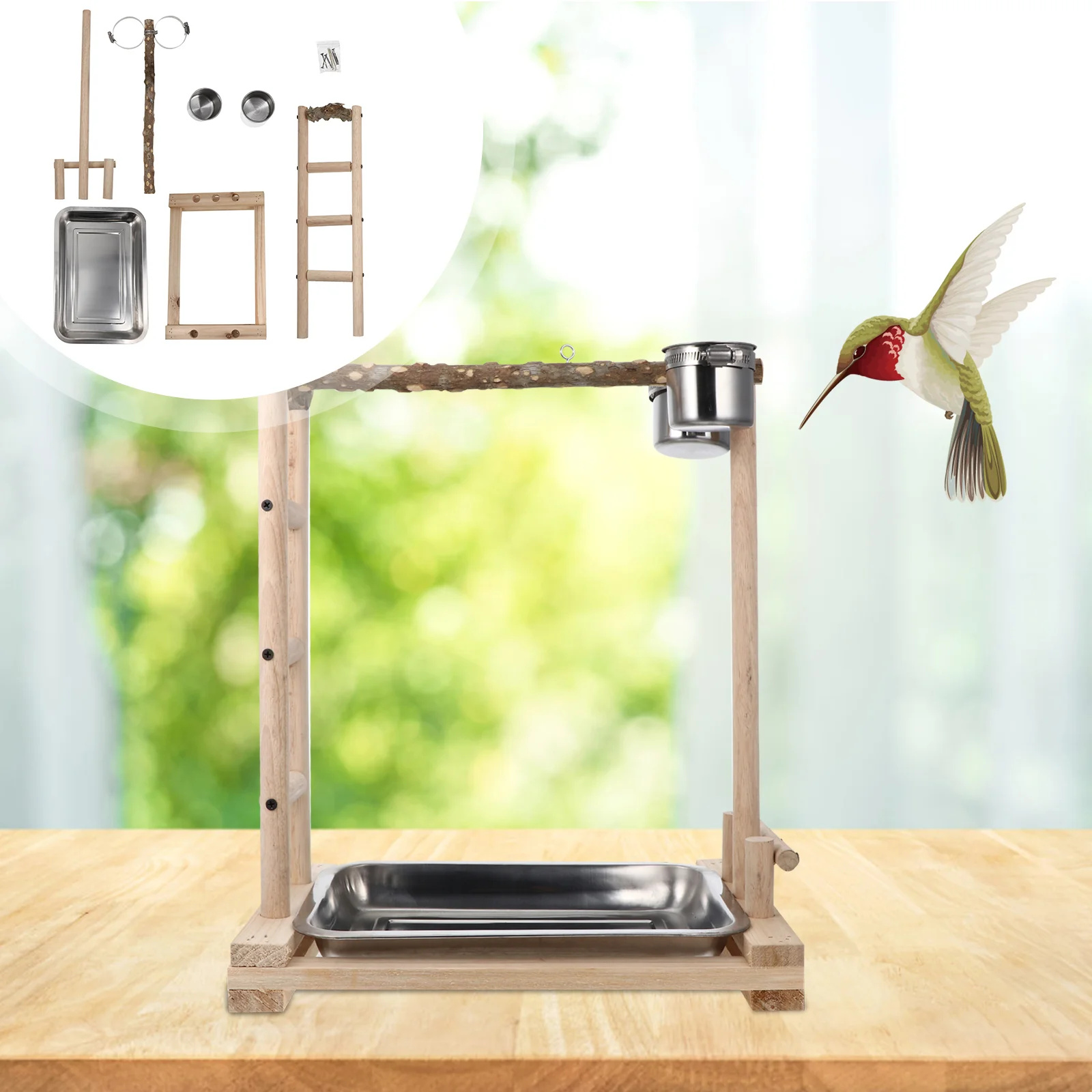 Parrot Stand Play Bird Climbing Ladder Stainless Steel Bowl Wooden Pet Feeder Baby Toy