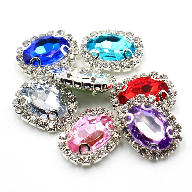 10 pieces/set 15 * 20MM oval acrylic diamond buttons, four hole flat back buttons, suitable for scarves sewing wedding accessori