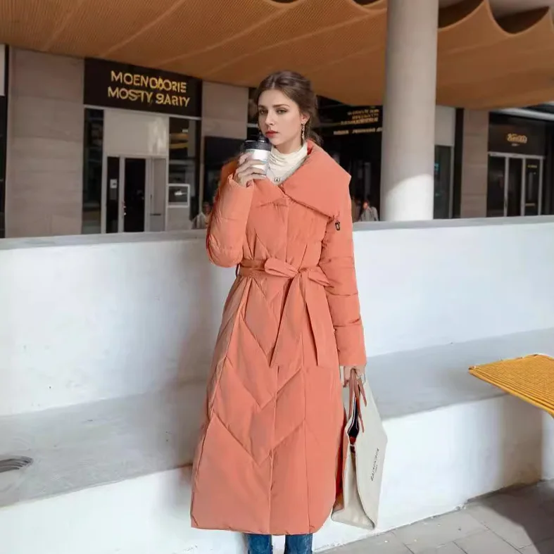 

2024 Winter Women's Long Jacket Female Large Lapel Knee Length Cotton Jacket Women Pure Color Thicken Warm Parkas Women's Jacket