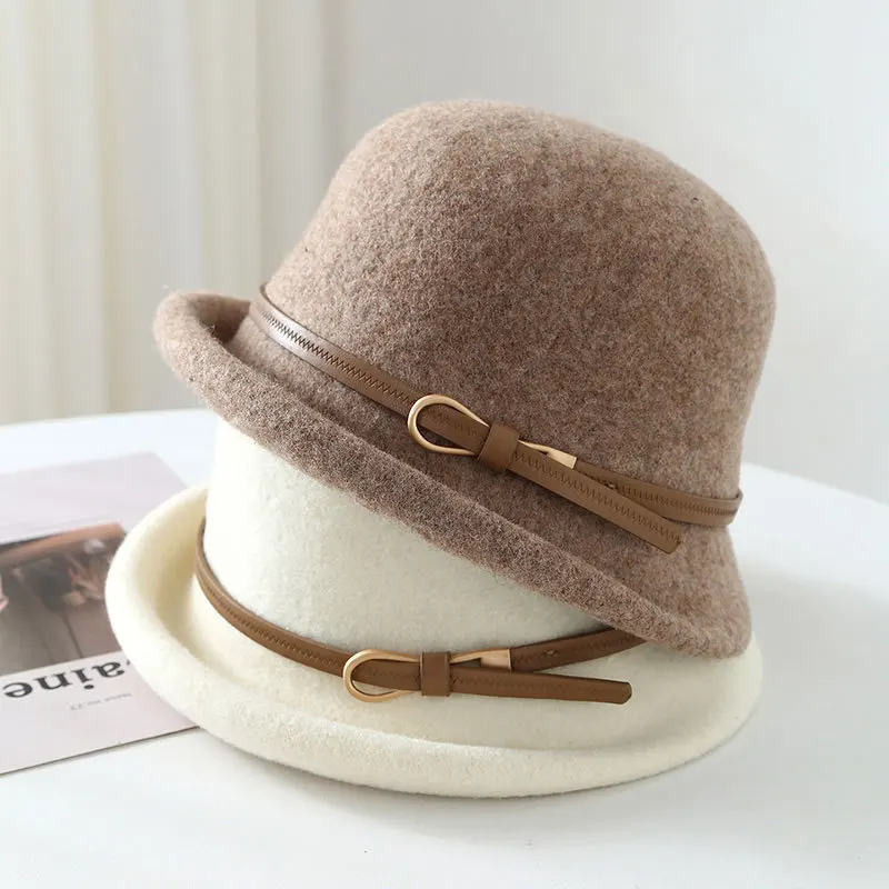 

Шерстяная панама для женщин — британская рыбацкая кепка в стиле ретро с загнутыми полями, круглый топ с поясом, теплая зимняя модная новинка