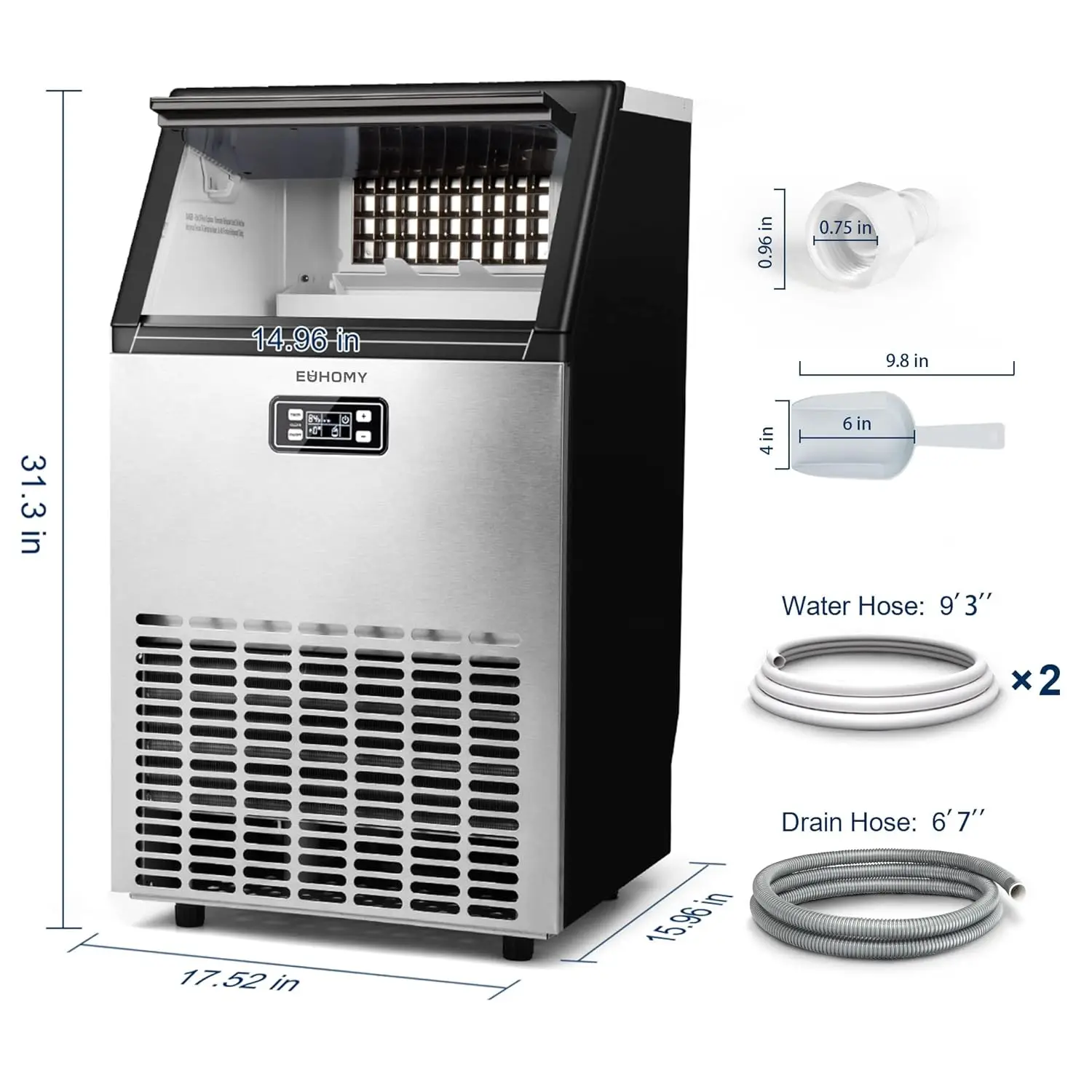 Commercial Ice Maker Machine, 100lbs/24H Stainless Steel Under Counter ice Machine with 33lbs Ice Storage Capacity, Freestanding