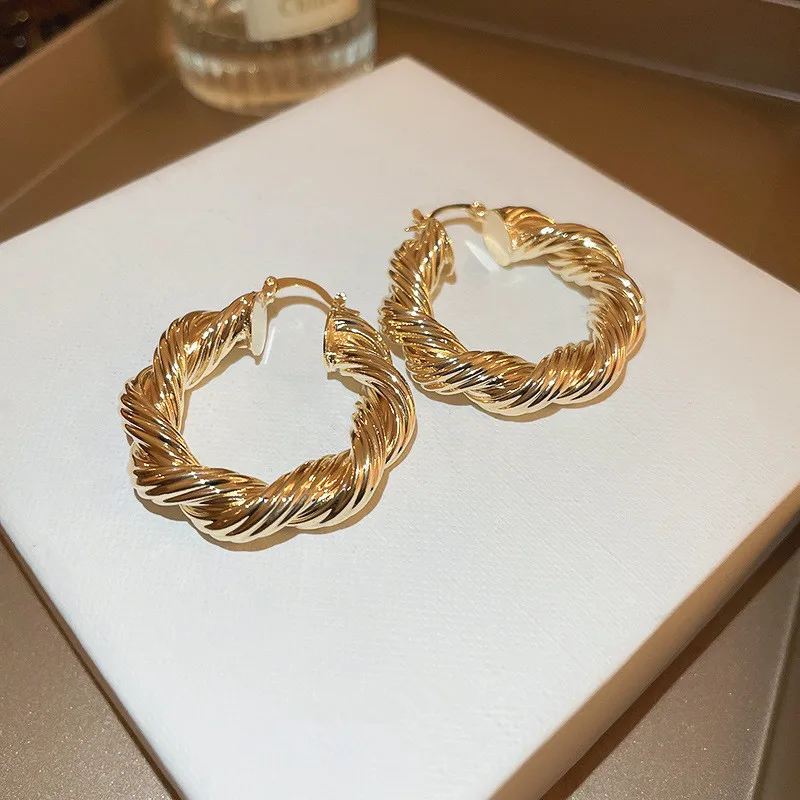 Huitan Gold Color Twist Shaped Hoop Earrings for Women Simple Stylish Girls Ear Loop Earrings Fancy Gift Party Statement Jewelry