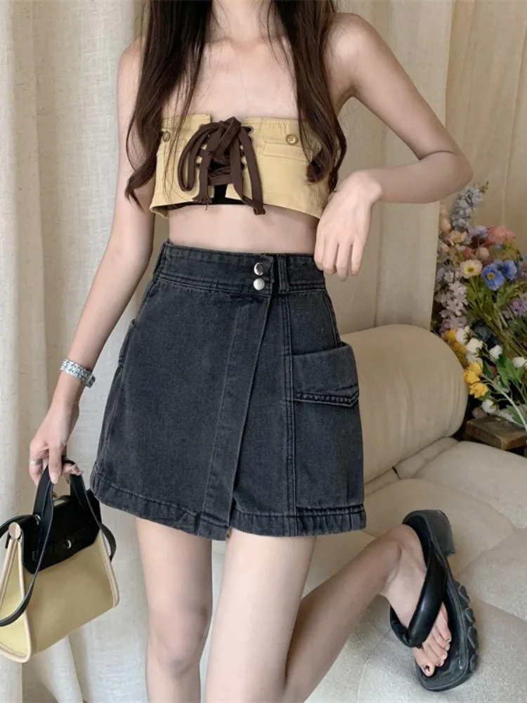 

High Waist Asymmetrical Denim Skirt for Women Summer Pear ape Body Design A-Line f Body Skirt Pants Loose Fit