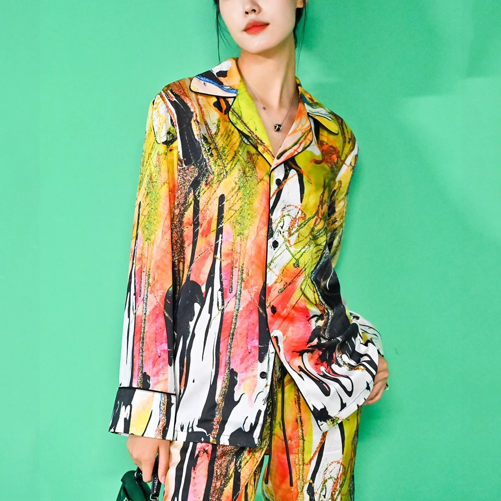 Irregular Colorful Printed Blouse for Women, Long Sleeve Shirt, Single Breasted Top, Matchable Pants, New, Summer, Y2k, 2024