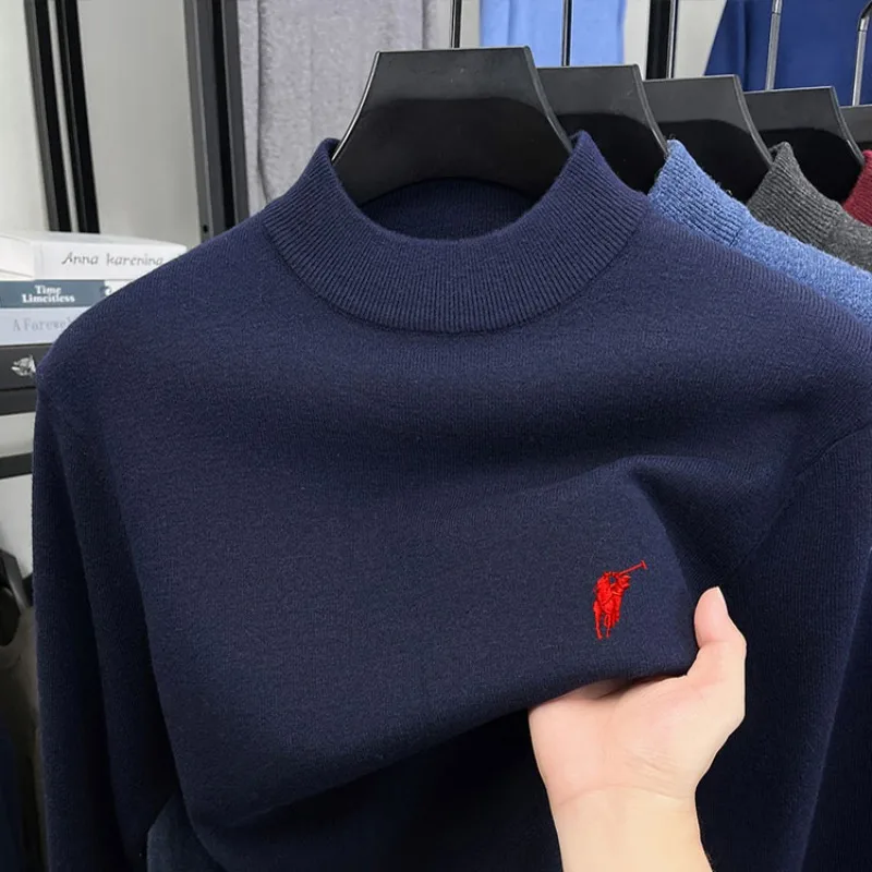 Nuevo Otoño e Invierno 100% suéter de cuello alto de lana gruesa para hombres suéter de lana con Base de punto con logotipo de caballo pequeño informal americano