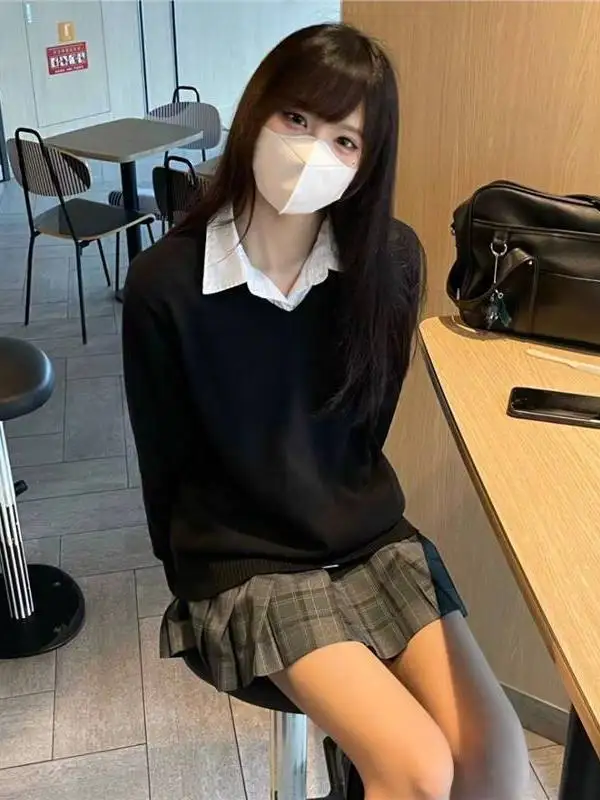 

College Sle Осень Зима JK orm Свитер V-Ne Long Sve Универсальная верхняя одежда для девочек Soft Sister Трикотажный топ