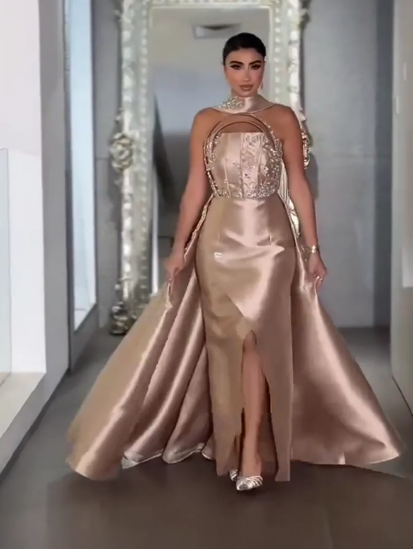 

Champagne Strapless Crystal Mermaid Side Slit Long for Women 2026 Overskirt Satin Formal Evening Gowns Customized